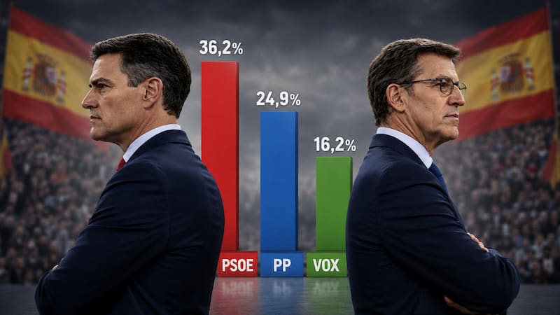 Imagen ilustrativa generada con inteligencia artificial a partir de los datos del barómetro del Centro de Investigaciones Sociológicas (CIS) correspondiente a mayo. La composición recrea la disputa electoral entre el PSOE, el PP y Vox, reflejando la evolución de la intención de voto registrada en la encuesta. Los porcentajes mostrados son representativos del sondeo y la imagen no constituye una fotografía real.