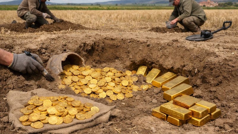 Desentierran monedas y lingotes de oro en un campo cultivado y es de un solo país. (Fuente: archivo).