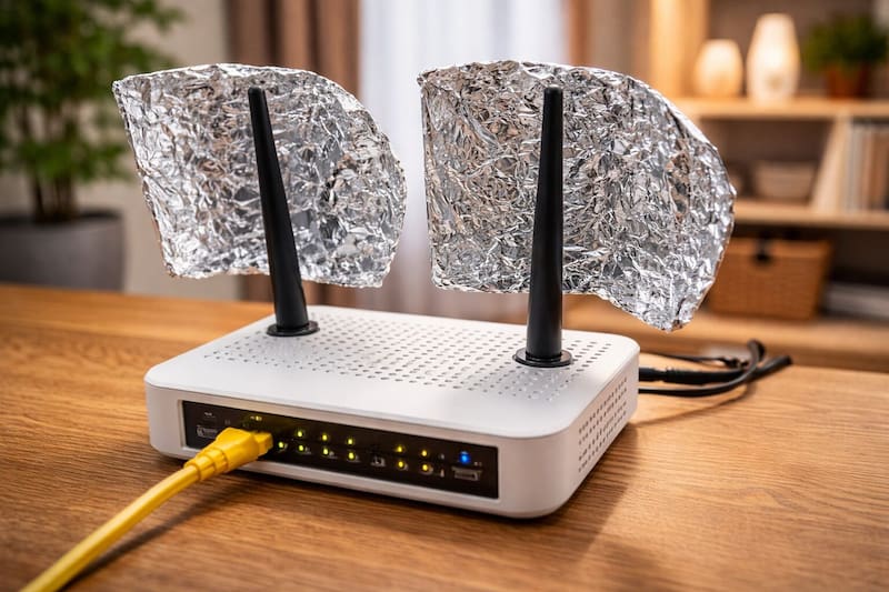 Truco del papel aluminio para el WiFi: cómo colocarlo correctamente detrás del router para mejorar la cobertura de la señal en determinadas zonas de la casa. Fuente: ChatGPT