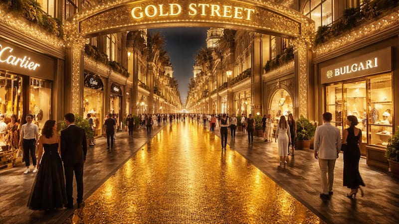Edifican una vía asfaltada con oro en el distrito más opulento del país: dispondrá de más de 1000 tiendas (Fuente: ChatGPT - creada con IA).