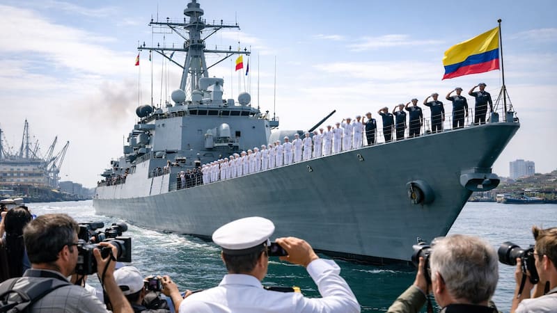 El país ha comenzado la edificación de su primera fragata nacional en Cotecmar, un buque de guerra de última generación que integra tecnología contemporánea, versatilidad operativa y fomento del desarrollo industrial local. (Fuente: Representación creada con IA)