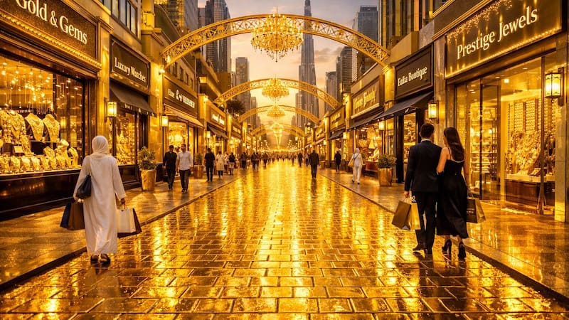 El nuevo Distrito de Oro de Dubái incorporará más de 1000 tiendas especializadas y una calle edificada con materiales de oro. (Fuente: Representación creada con IA)
