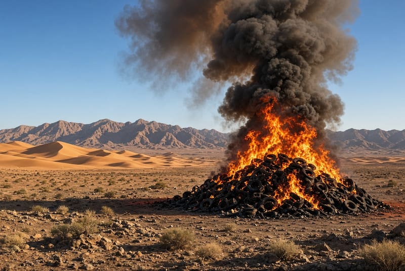 La combustión de los neumáticos produjo humo contaminante (Imagen creada con Grok).