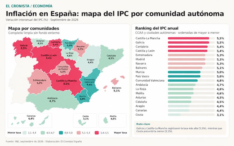 Galicia y Castilla-La Mancha lideran la subida de precios: ambas comunidades registraron una inflación del 5,5%, mientras que Aragón y Canarias presentaron las tasas más bajas entre las comunidades autónomas, con un 4,4%.