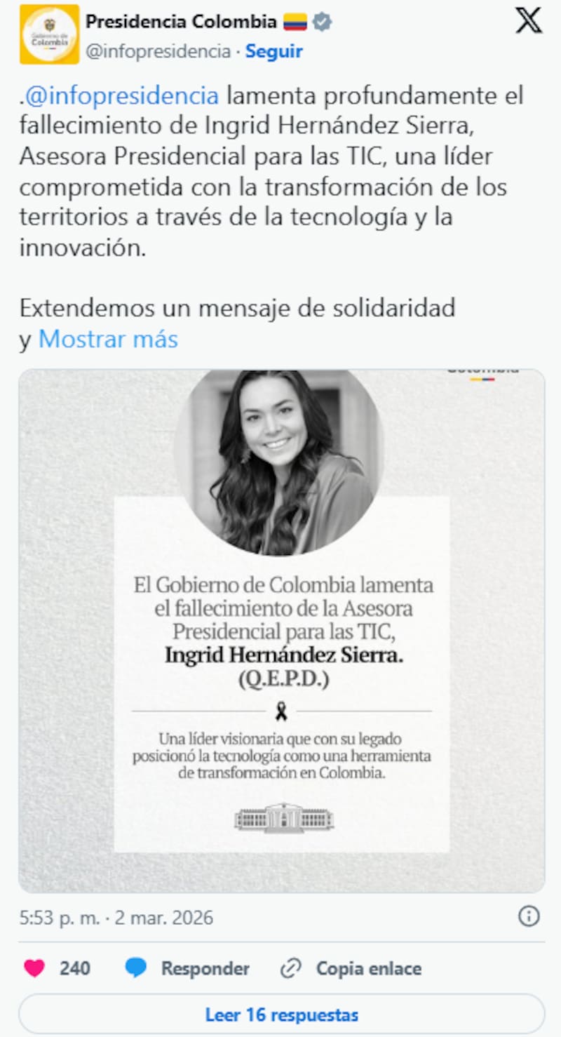 Falleció Ingrid Hernández, funcionaria clave del Gobierno Petro en transformación digital