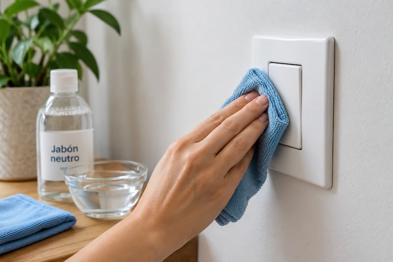 Un paño suave, agua y jabón neutro permiten limpiar los interruptores de luz sin rayar el plástico ni dañar el mecanismo eléctrico.