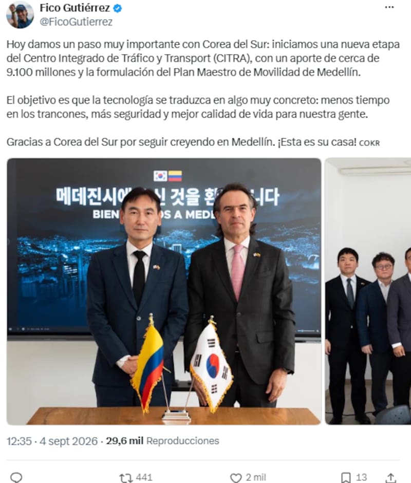 Corea del Sur y Medellín firmaron un acuerdo de cooperación para modernizar la movilidad urbana con nuevas tecnologías, automatización y sistemas inteligentes de gestión del tránsito.