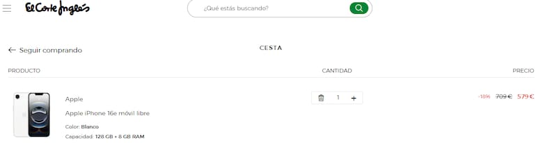 El Corte Inglés ofrece el iPhone 16e por menos de 580 euros.