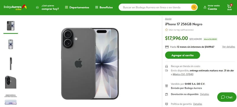 El iPhone 17 se vende en Bodega Aurrera por casi 18,000 pesos. (Foto: Captura de pantalla Bodega Aurrera)