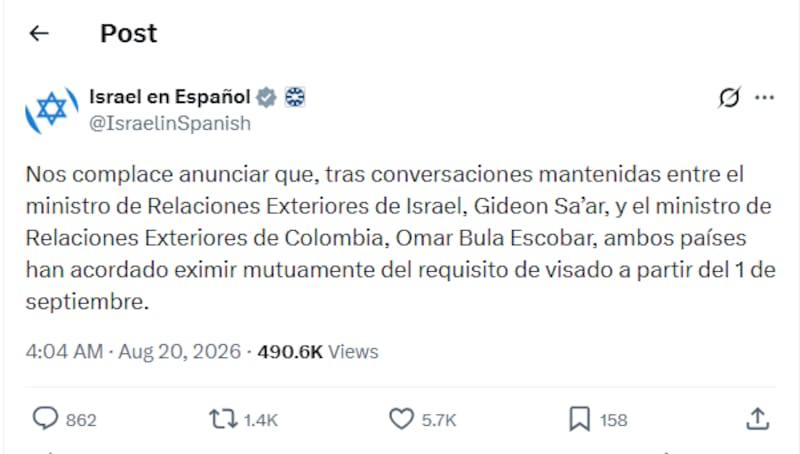 Los ciudadanos colombianos podrán ingresar a Israel sin visa a partir del 1 de septiembre, según el anuncio oficial.