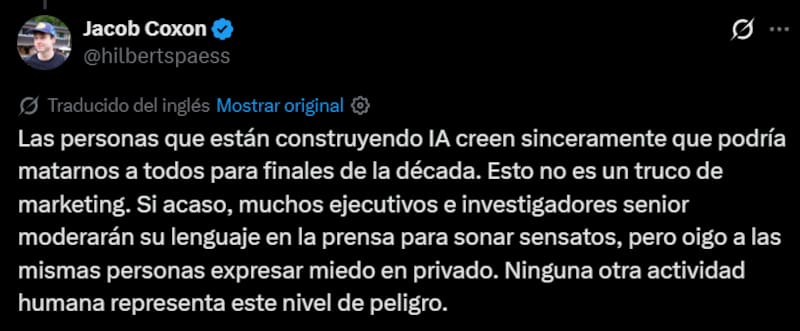 La publicación de Jacob Coxon que causó alarma en el mundo de la inteligencia artificial.