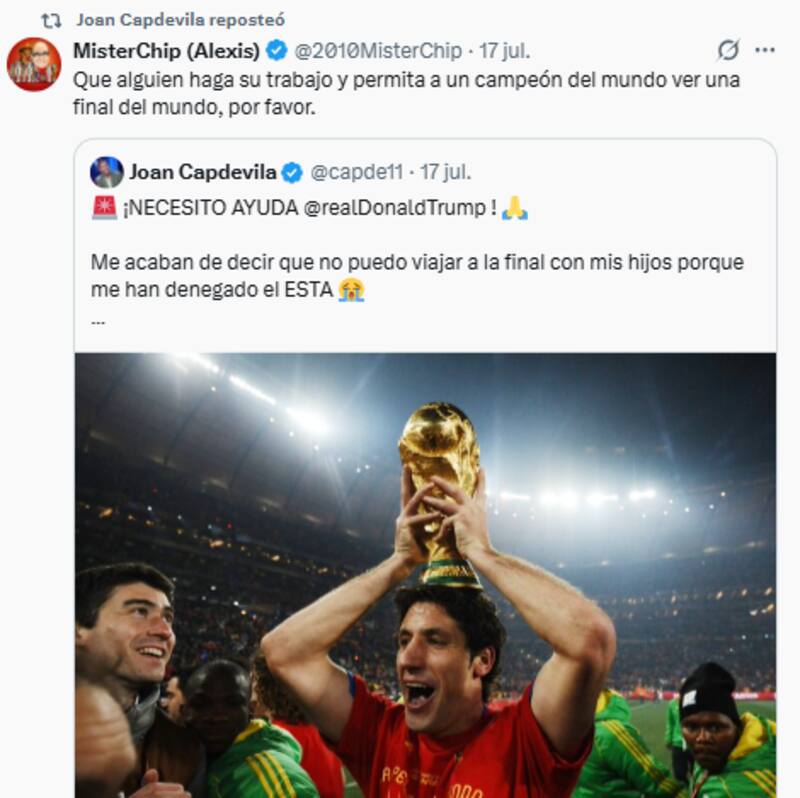 Joan Capdevila podrá estar en la final del Mundial: EEUU levanta el veto para su ingreso al país.