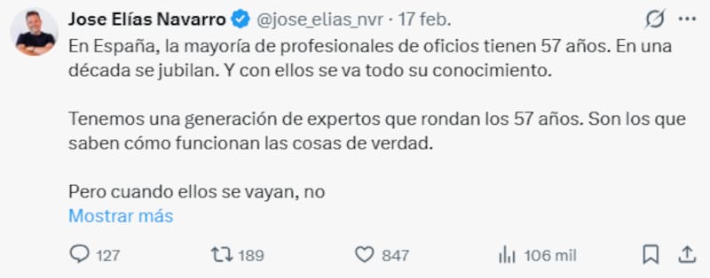 El empresario José Elías lanzó una advertencia sobre el futuro de los oficios en el país.