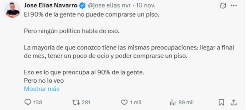 José Elías asegura que el 90% de la gente no puede comprarse un piso. (Fuente: X/ @jose_elias_nvr).