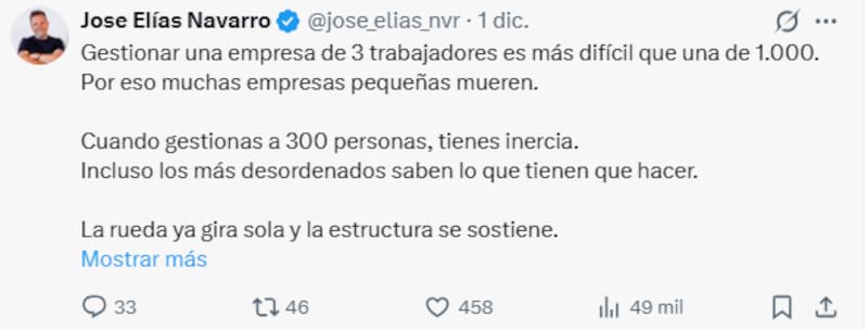 José Elías ha explicado la razón por la que las empresas pequeñas mueren.