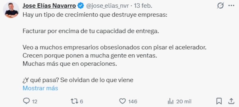 José Elías, empresario multimillonario, advierte: "Hay un tipo de crecimiento que destruye empresas".