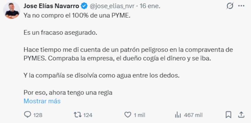 José Elías, empresario multimillonario: "Ya no compro el 100% de una PYME".