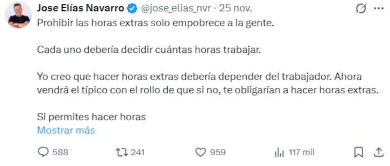 José Elías asegura que hacer horas extras debería depender del trabajador. (Fuente: X/ @jose_elias_nvr).