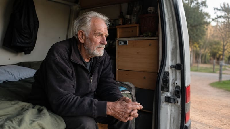 Juan, de casi 80 años, pasó varios meses viviendo en su furgoneta mientras recorría Cataluña en busca de un alquiler que pudiera pagar con su pensión de 1.000 euros mensuales. Fuente: IA.