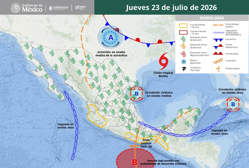 El pronóstico del tiempo que difundió el SMN para el jueves 23 de julio. (Foto: SMN de México)