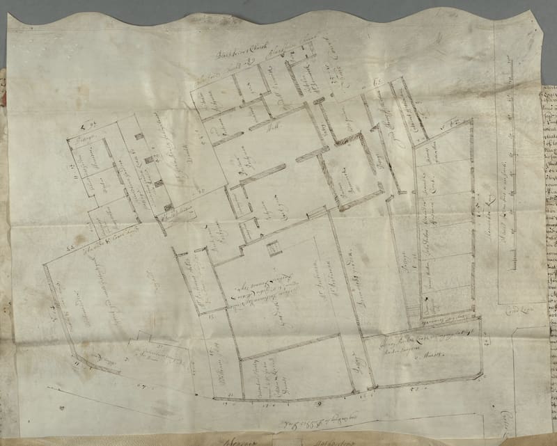 El plano del recinto de Teatro Blackfriars muestra una vivienda grande en forma de “L” creada a partir de un antiguo monasterio medieval.