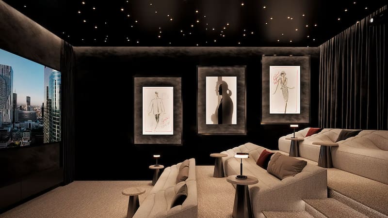 Render de una sala de cine en KL Residences de Bosque Real.