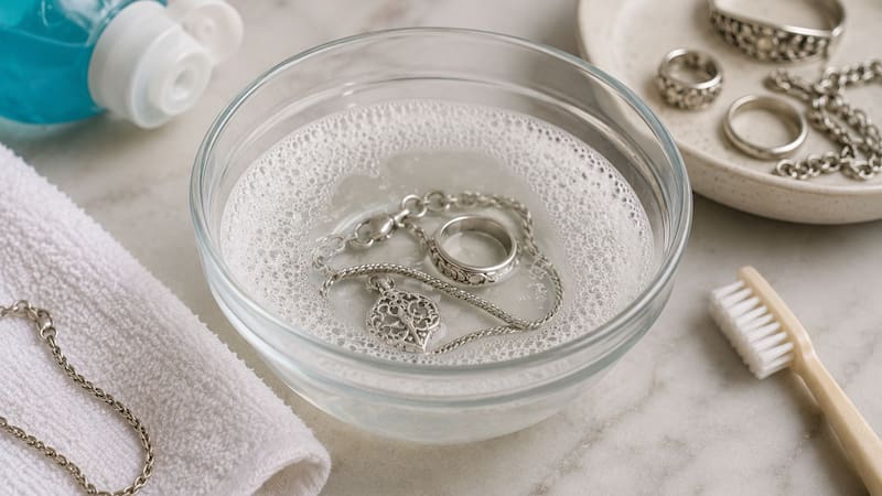 La American Gem Society recomienda utilizar agua tibia y jabón suave para limpiar determinadas piezas de joyería. (Fuente: IA)