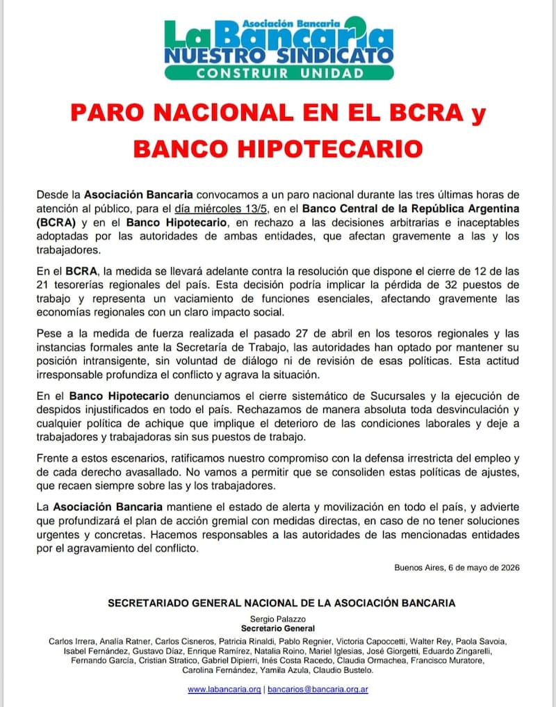 Comunicado publicado por La Bancaria en su cuenta de Instagram. Foto (@labancariaar)