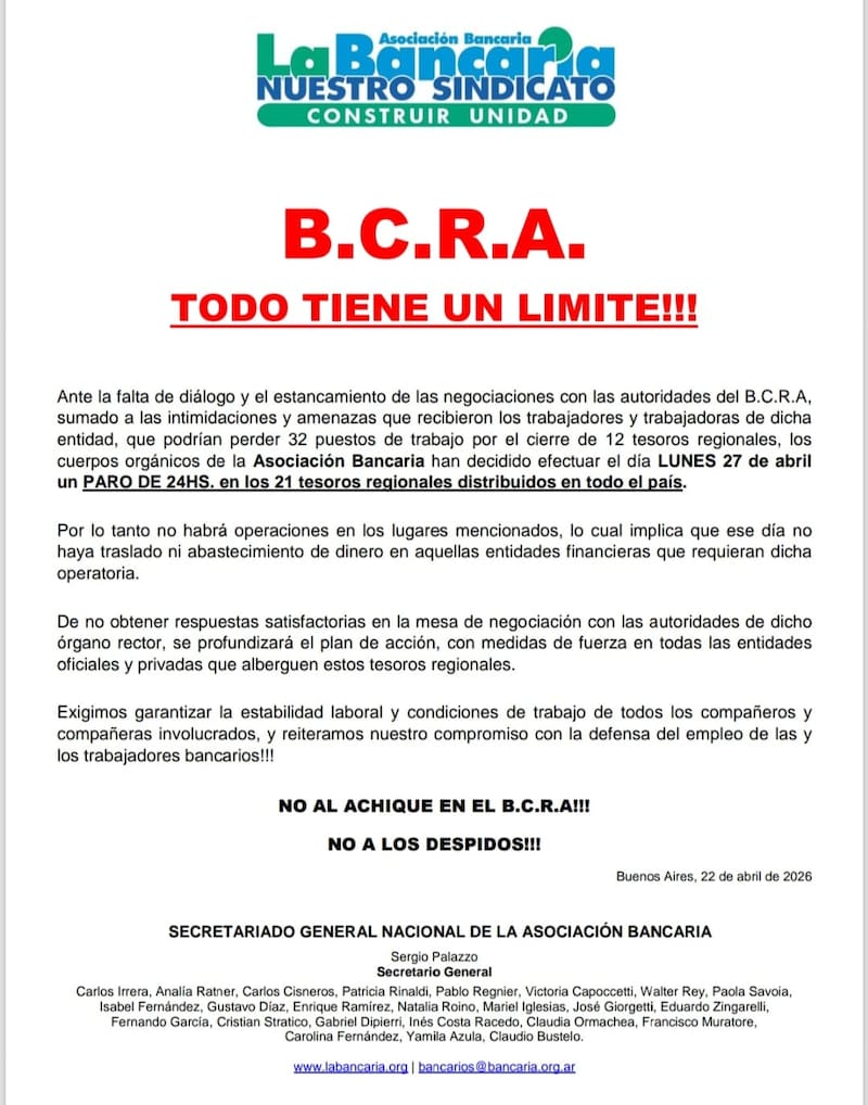 El comunicado de La Bancaria sobre paro del 27 de abril.