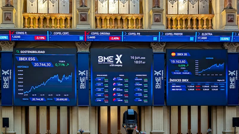 MADRID, 16/06/2026.-El índice de referencia de la Bolsa española, el IBEX 35, registró este martes un nuevo máximo histórico cercano a los 19.200 puntos tras subir un 0,69 % aupado por el alza de la banca y en línea con el resto de plazas europeas, que seguían celebrando el acuerdo de paz entre Estados Unidos e Irán. El IBEX 35 subió hoy 131,6 puntos, hasta 19.163,6 puntos, y anotó un renovado cierre récord tras encadenar cuatro sesiones consecutivas al alza. En el año acumula unas ganancias del 10,72 %.EFE/ Vega Alonso