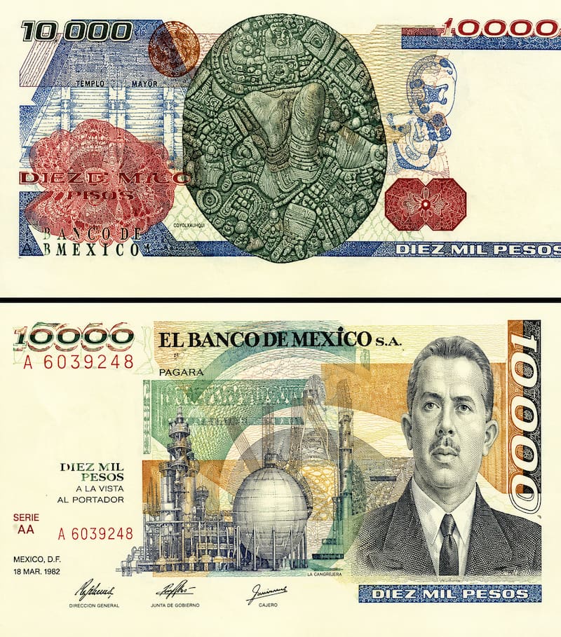 Retrato del general Lázaro Cárdenas del Río. Al fondo una imagen de la refinería “La Cangrejera".