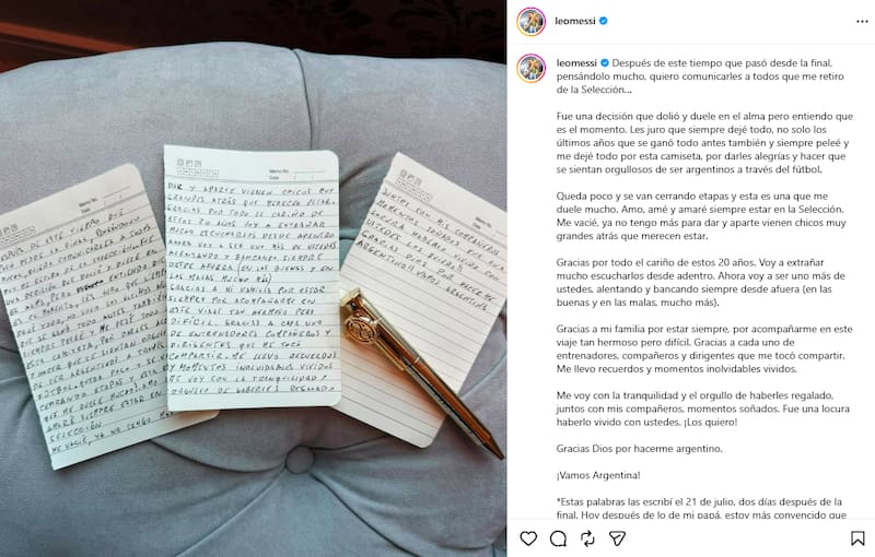 El posteo de Messi en su cuenta de Instagram.
