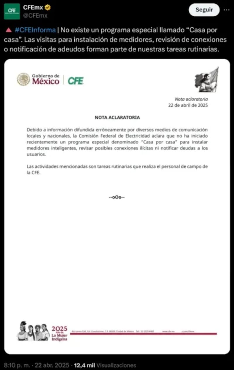 La CFE detalló en comunicado las causas de las visitas domiciliarias de personal técnico.