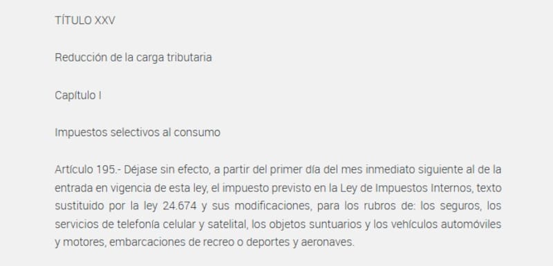 La eliminación de impuestos internos regirá a partir de este miércoles 1° de abril