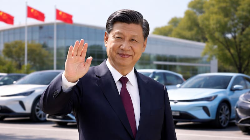 La imagen muestra al líder chino, Xi Jinping, saludando frente a una fila de autos eléctricos modernos. Imagen creada con IA.
