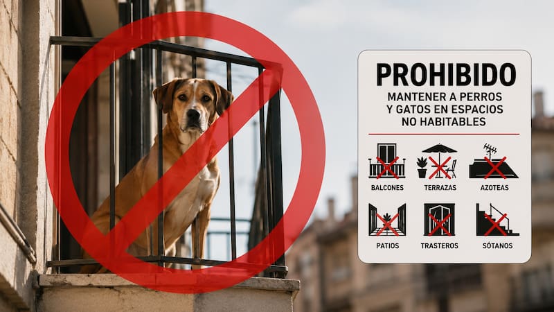 La legislación establece que está prohibido mantener de forma habitual a perros y gatos en balcones, terrazas, azoteas, patios, trasteros o sótanos