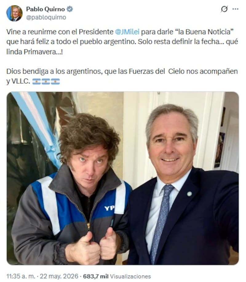 La publicación del canciller Pablo Quirno sobre su encuentro con el presidente Javier Milei.