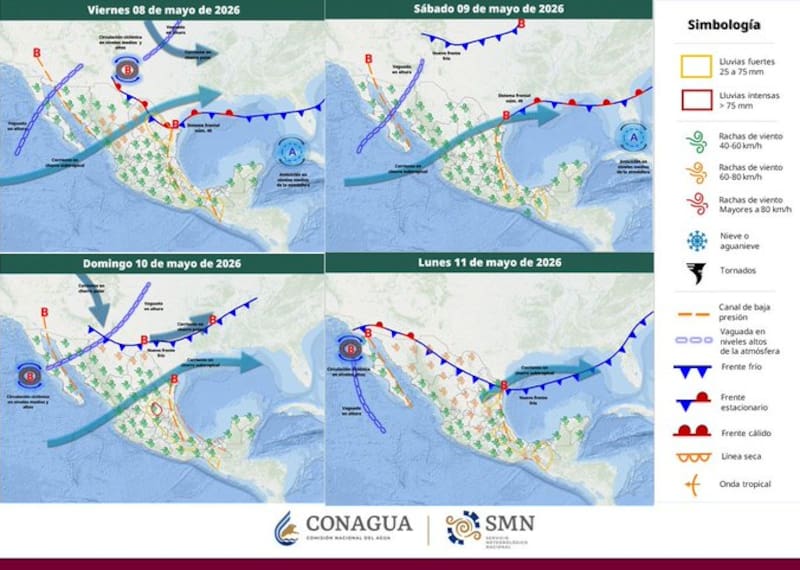 Las autoridades meteorológicas advirtieron por un periodo prolongado de lluvias fuertes, tormentas y rachas de viento que impactará a varias regiones durante los próximos días, especialmente al noreste, oriente y sureste del país.