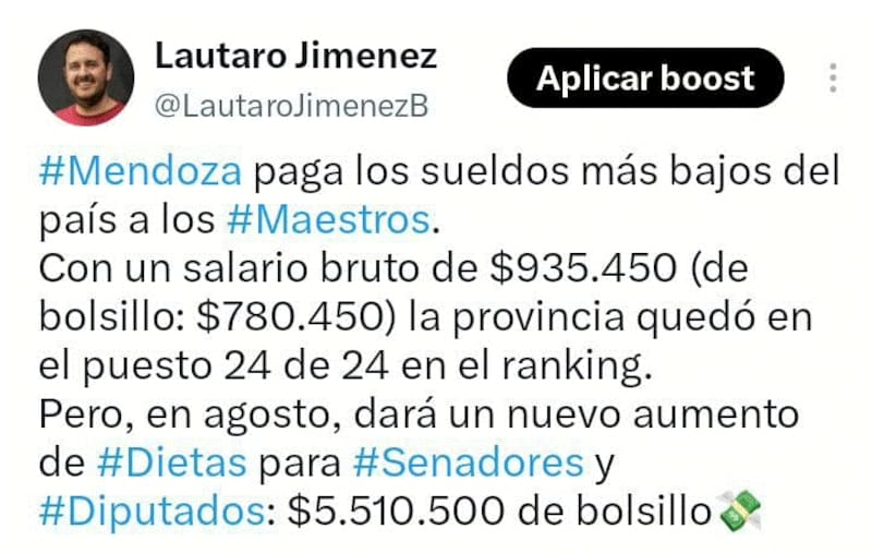 El exsenador provincial del Frente de Izquierda, Lautaro Jiménez cuestionó la brecha entre los ingresos de los legisladores y los de los docentes.