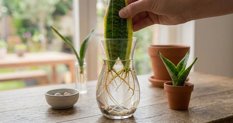 Cortar una hoja en forma de V y colocarla en agua sirve para reproducir a la lengua de suegra.
