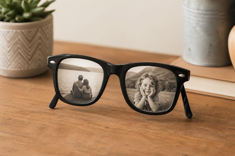 Lentes viejos reciclados como portarretratos. (Fuente: ChatGPT)
