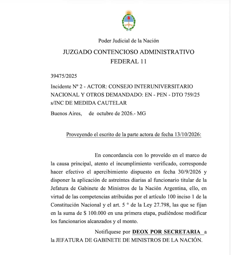 La Justicia le aplicó multas de $100.000 a Diego Santilli, jefe de Gabinete, por el incumplimiento de la ley de Financiamiento Universitario