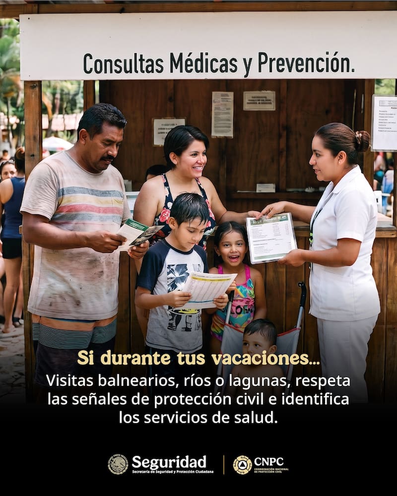 Si durante tus vacaciones...
Visitas balnearios, ríos o lagunas, respeta las señales de protección civil e identifica los servicios de salud.