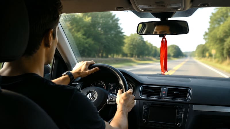 La cinta roja atada al espejo retrovisor es considrada un amuleto de protección.
