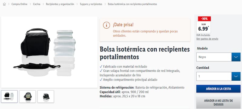 La bolsa isotérmica mantiene los alimentos a temperatura y es fácil de transportar. (Fuente: Lidl).