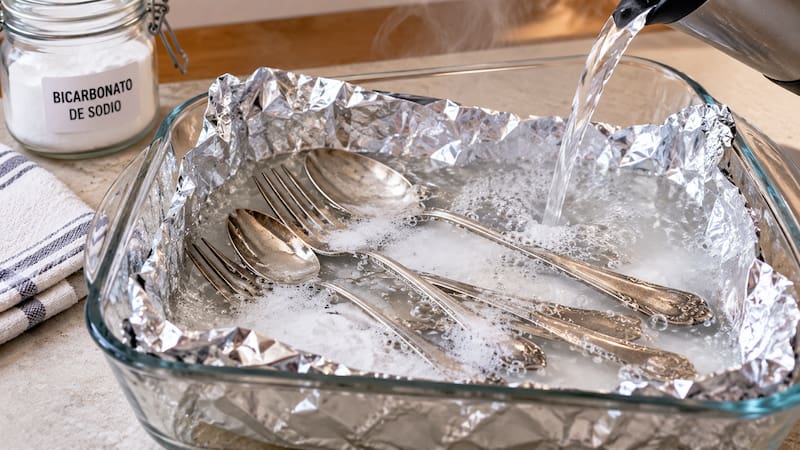 Poner papel de aluminio con bicarbonato y agua caliente en un recipiente limpia los cubiertos de plata mediante una reacción química, sin frotar.
