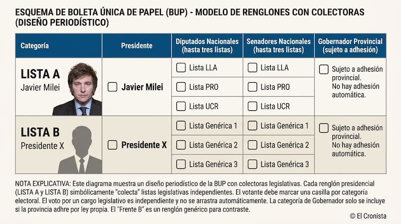 Modelo de ejemplo ficticio de cómo quedaría la Boleta, según esta versión. El Gobierno todavía no definió cómo quedará la reforma política, pero es una opción que barajan.