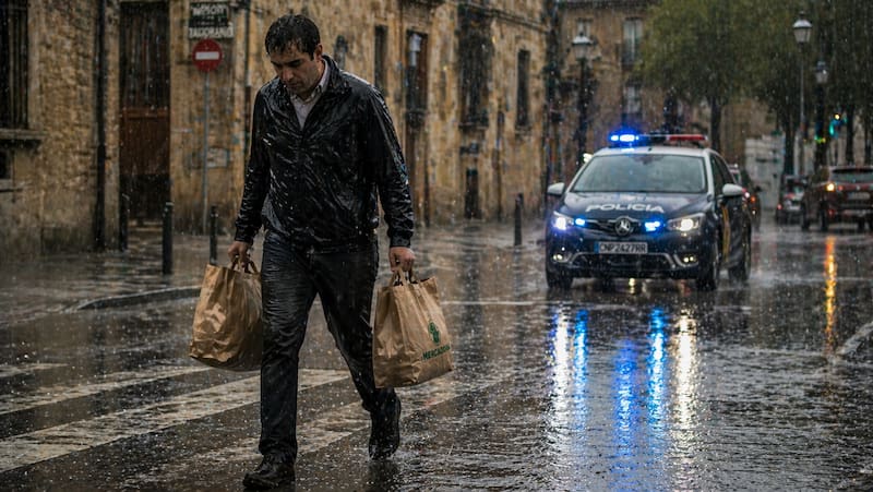Imagen ilustrativa generada con IA de una jornada de lluvias intensas en España, con calles mojadas y complicaciones urbanas previstas antes del fin de semana.