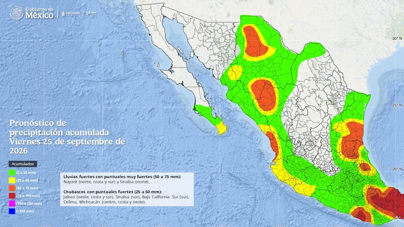 Pronósitoco de clima y precipitación acumulada viernes 25 de septiembre del 2026.