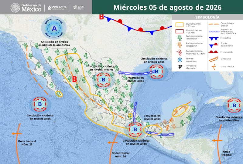 Chubascos: Coahuila, Nuevo León, Tamaulipas, San Luis Potosí, Querétaro, Hidalgo, Estado de México, Ciudad de México, Morelos, Tlaxcala y Quintana Roo.